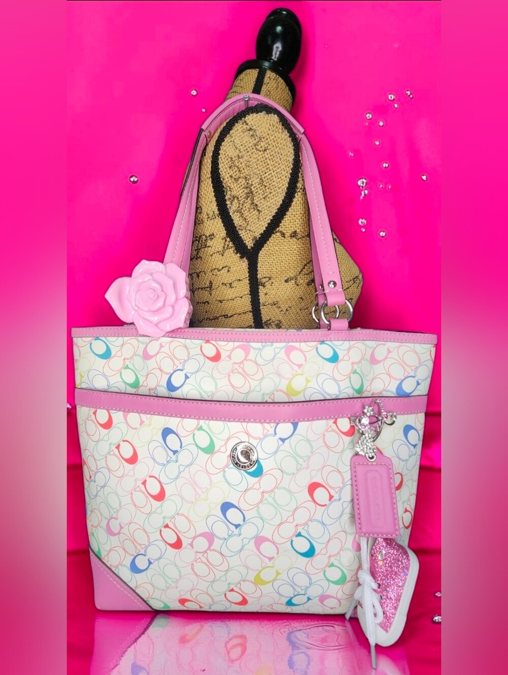 Vintage Y2K Coach Heritage Chelsea Pink Trim Multicolor Signature Tote F16874